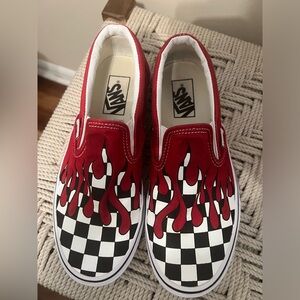Vans Red and Black Flame Checkered Slip-On Sneakers
